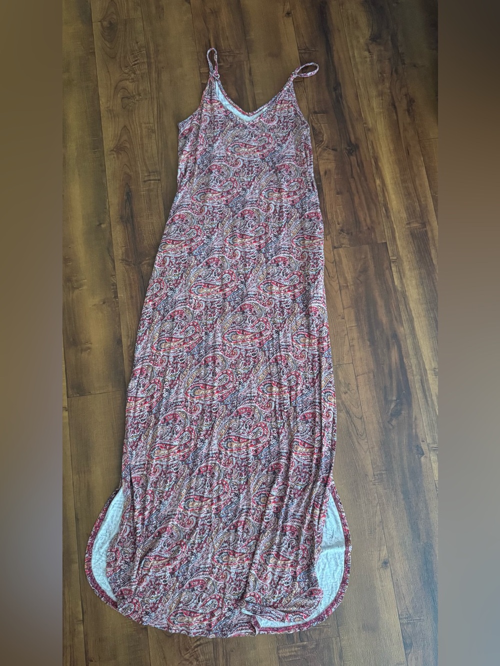 Boho spaghetti strap red Paisley Maxi Cotton Slip Dress Women's Summer Size Sm